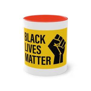Black Lives Matter Movement Clenched Fist Text Yellow Background Slogan Protests Usa (1) Two Tone Coffee Mug 11oz