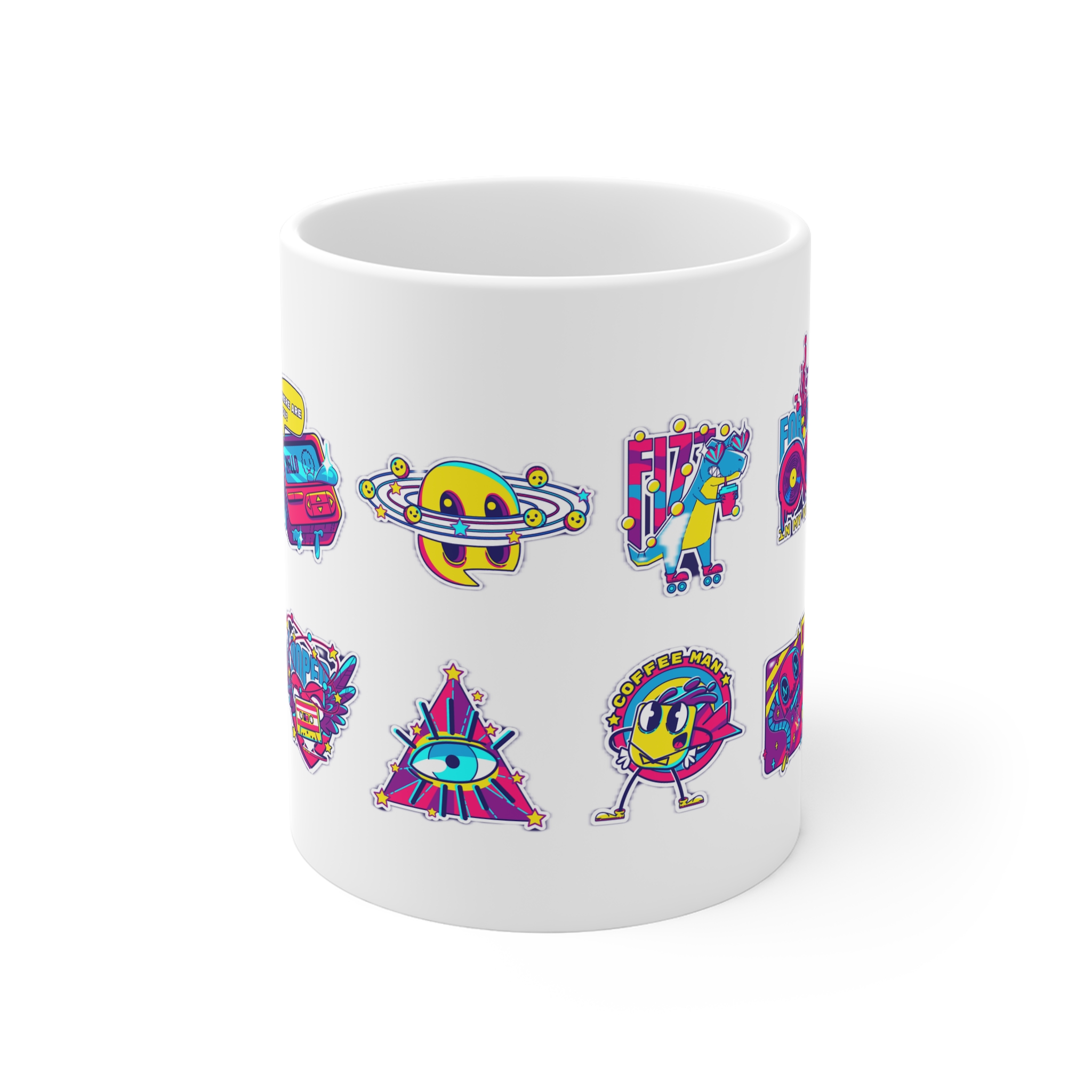 Psychedelic Retro Rave Stickers With Funny Patches 11oz White Mug