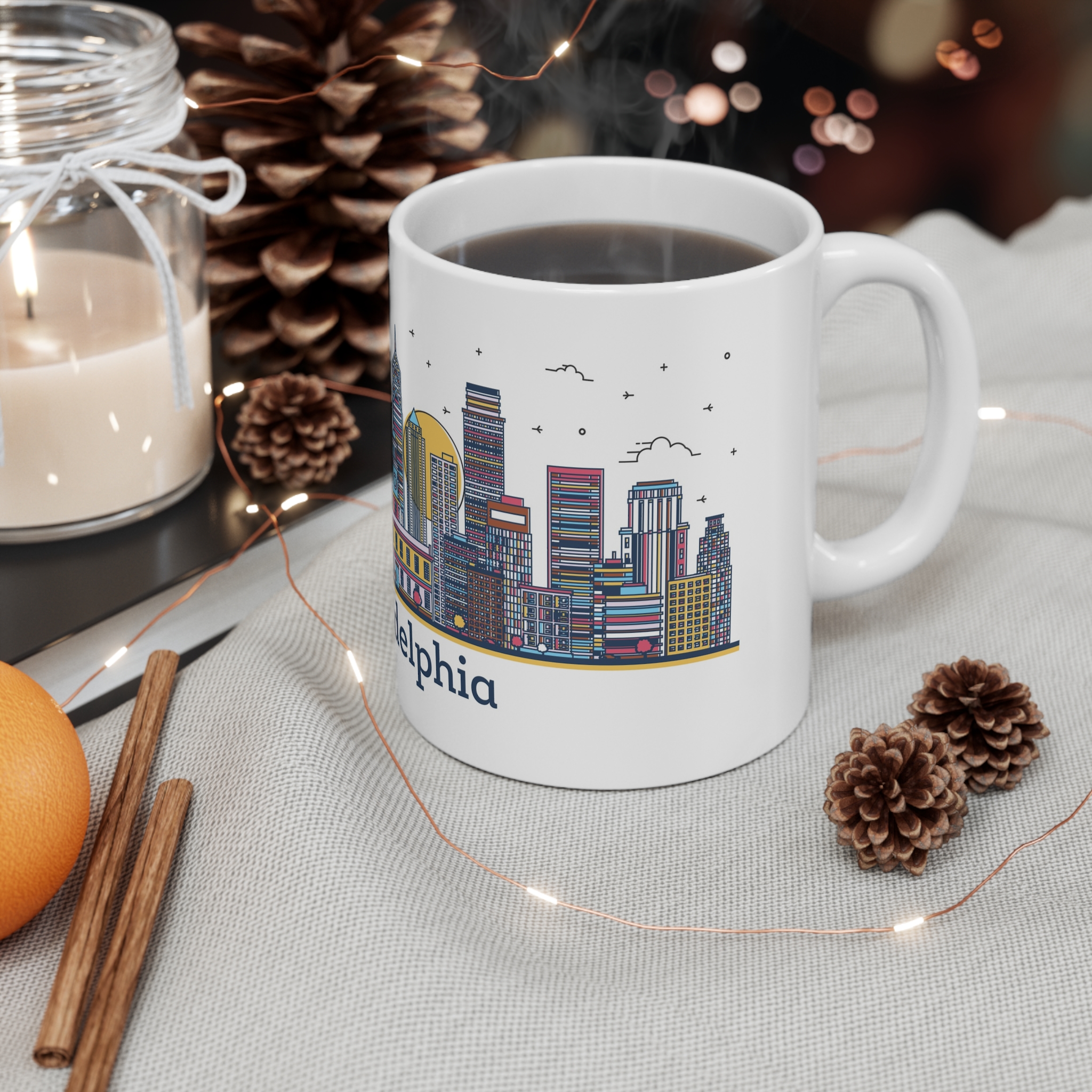 Philadelphia Outline Bold Color 11oz White Mug - Image 4