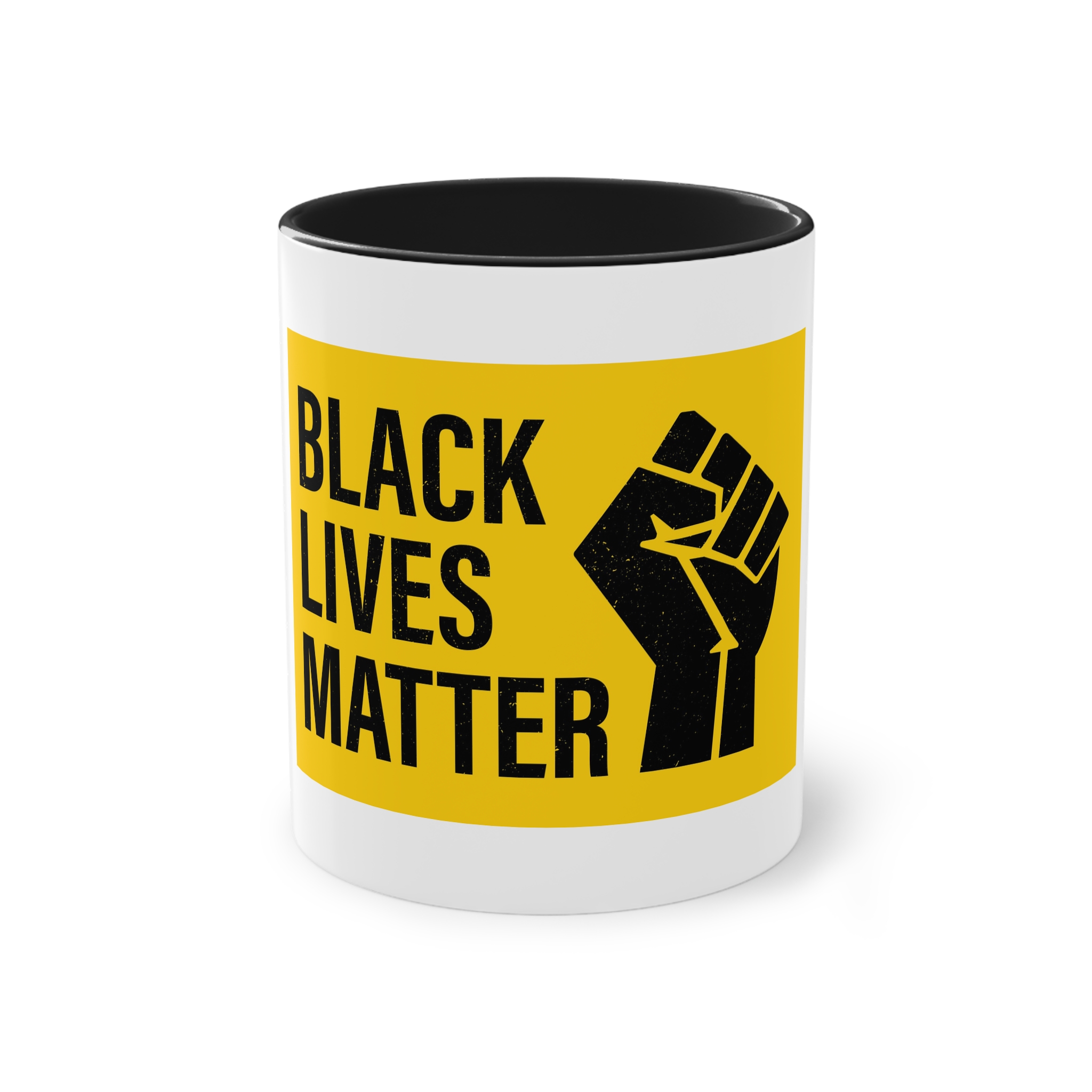 Black Lives Matter Movement Clenched Fist Text Yellow Background Slogan Protests Usa (1) Two Tone Coffee Mug 11oz - Image 9