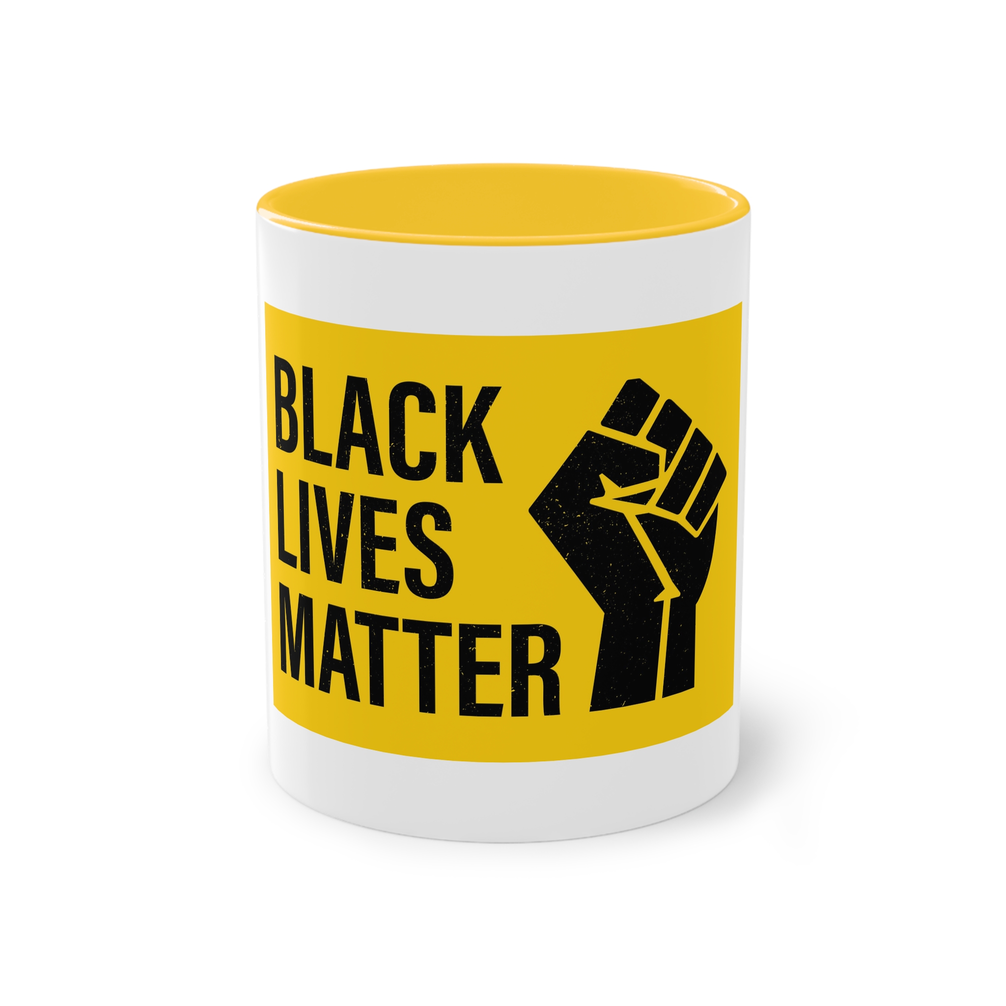 Black Lives Matter Movement Clenched Fist Text Yellow Background Slogan Protests Usa (1) Two Tone Coffee Mug 11oz - Image 17