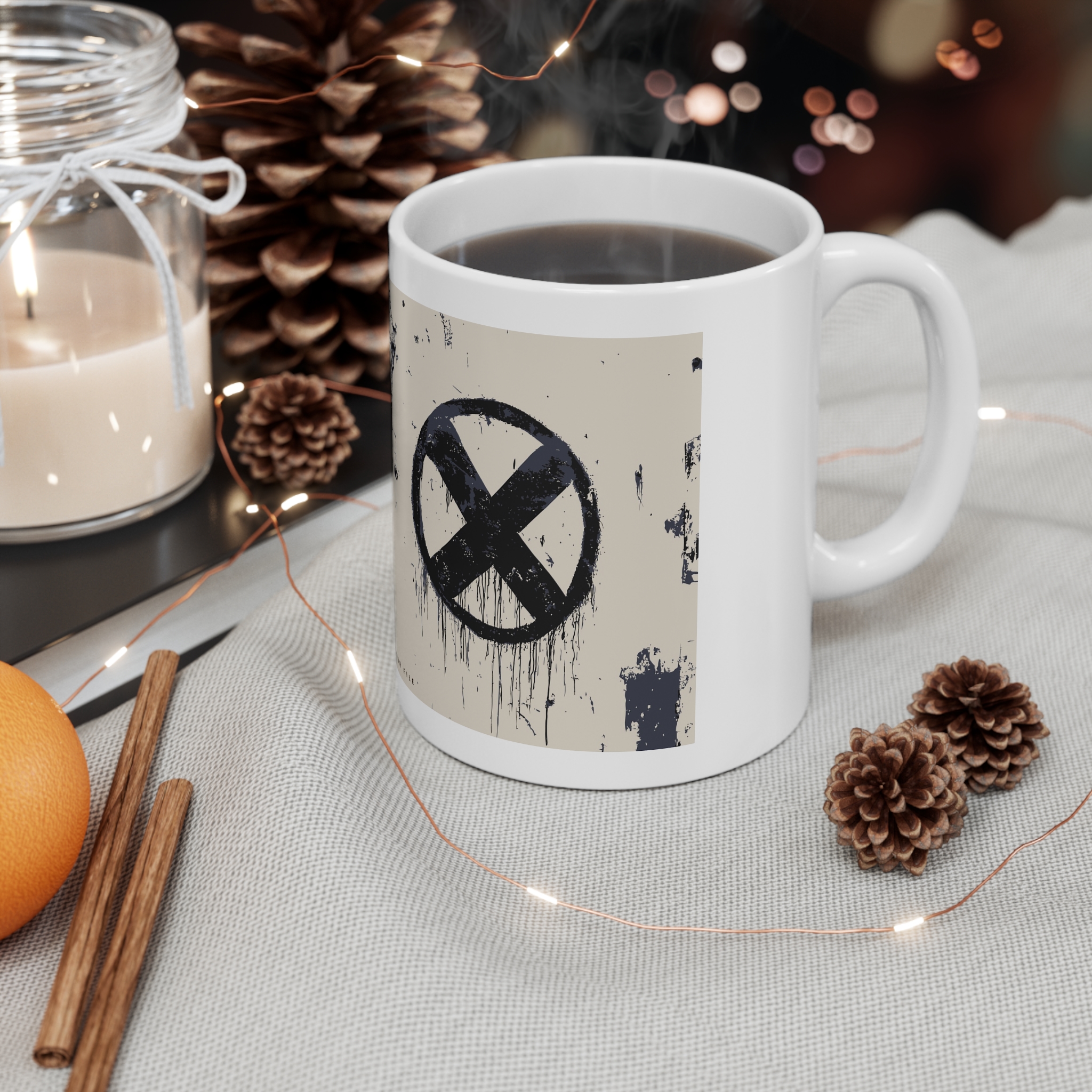 Smile Frown Face Stencil Vector Simple Graffiti 11oz White Mug - Image 4