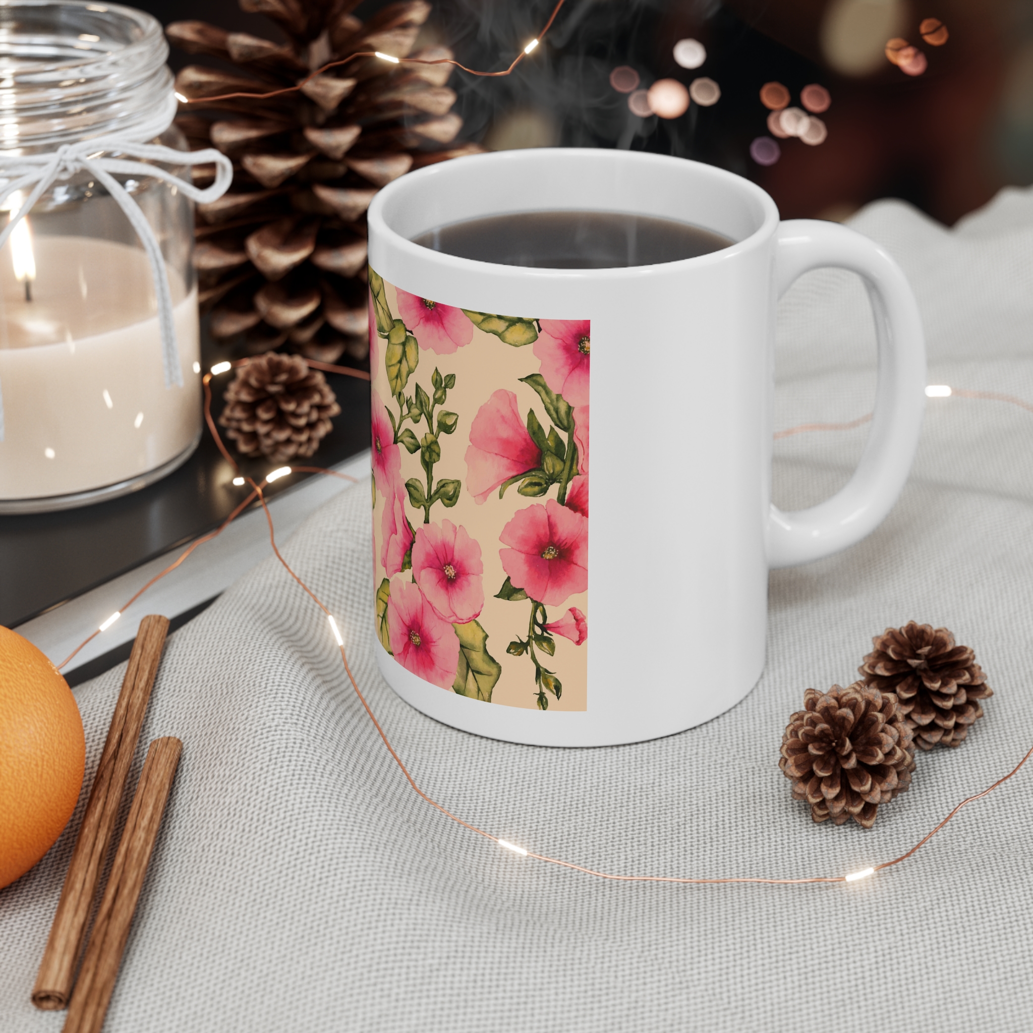 Realistic Hand Painted Floral Background 11oz White Mug - Image 4