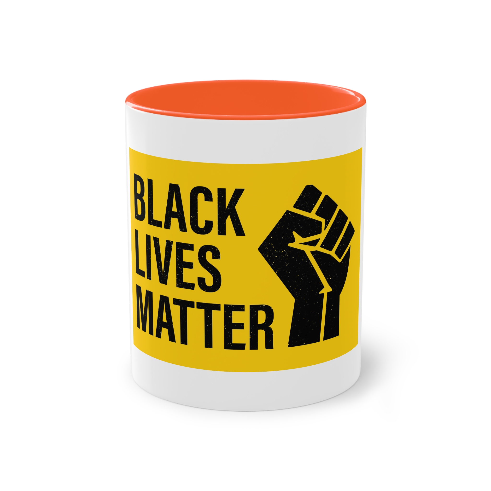 Black Lives Matter Movement Clenched Fist Text Yellow Background Slogan Protests Usa (1) Two Tone Coffee Mug 11oz - Image 13