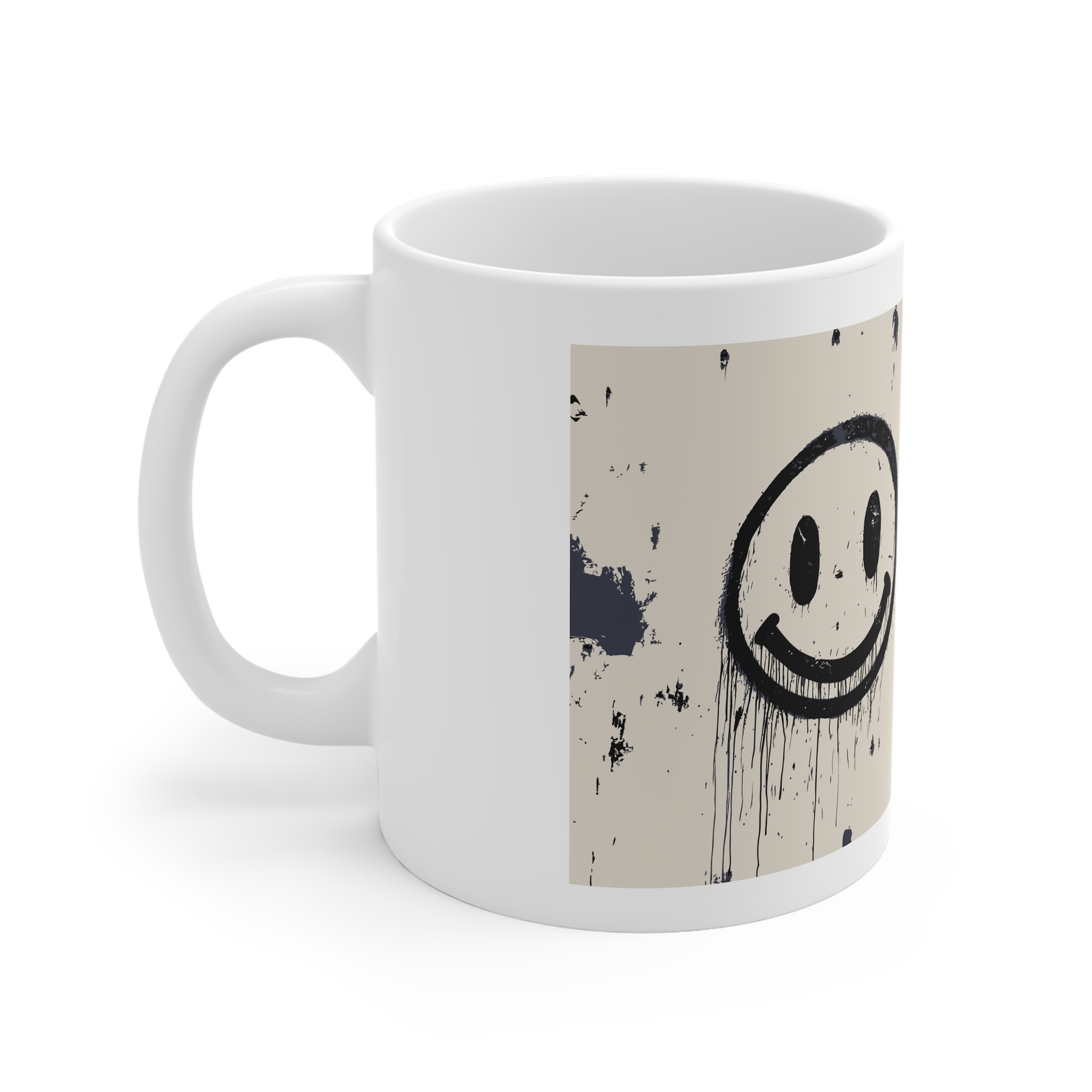 Smile Frown Face Stencil Vector Simple Graffiti 11oz White Mug - Image 2