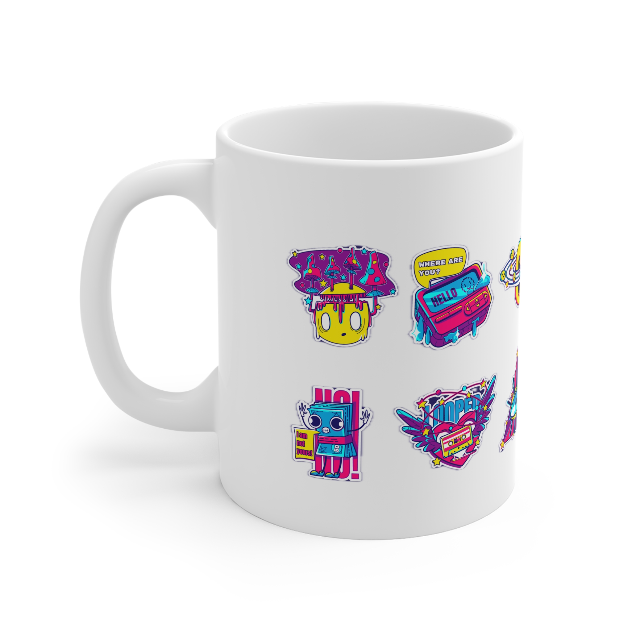 Psychedelic Retro Rave Stickers With Funny Patches 11oz White Mug - Image 2