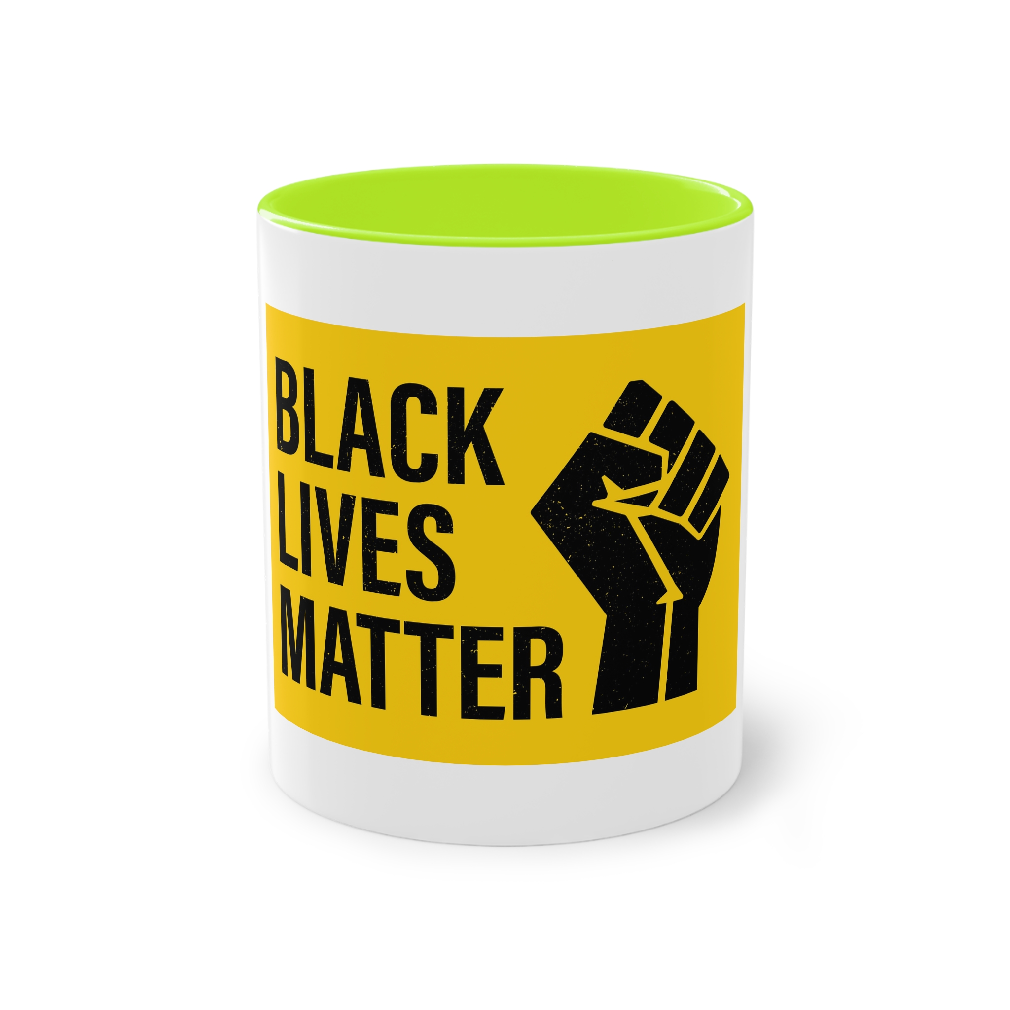 Black Lives Matter Movement Clenched Fist Text Yellow Background Slogan Protests Usa (1) Two Tone Coffee Mug 11oz - Image 25