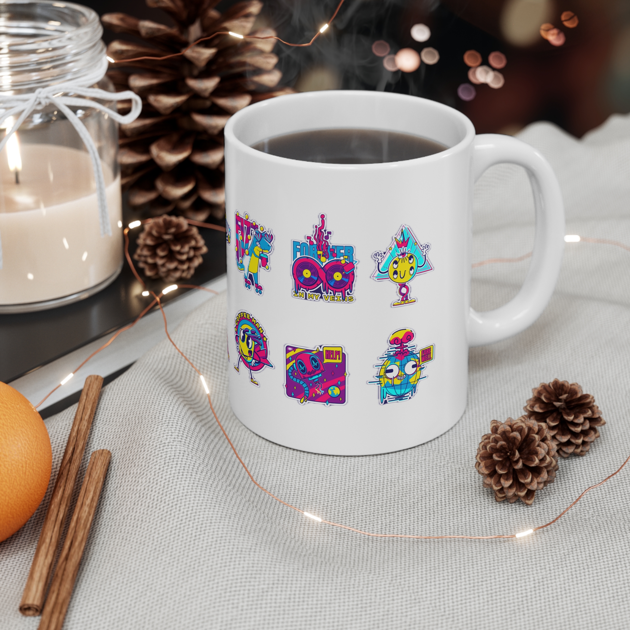 Psychedelic Retro Rave Stickers With Funny Patches 11oz White Mug - Image 4