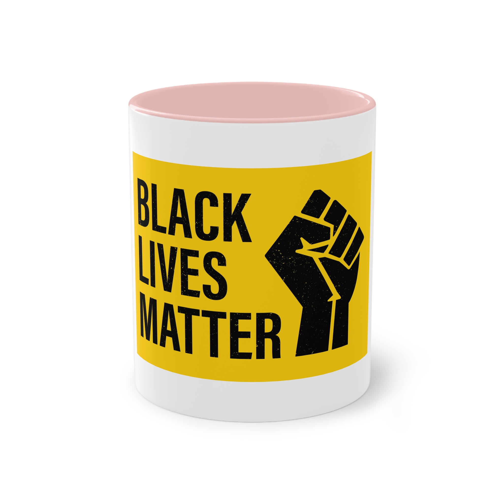 Black Lives Matter Movement Clenched Fist Text Yellow Background Slogan Protests Usa (1) Two Tone Coffee Mug 11oz - Image 45