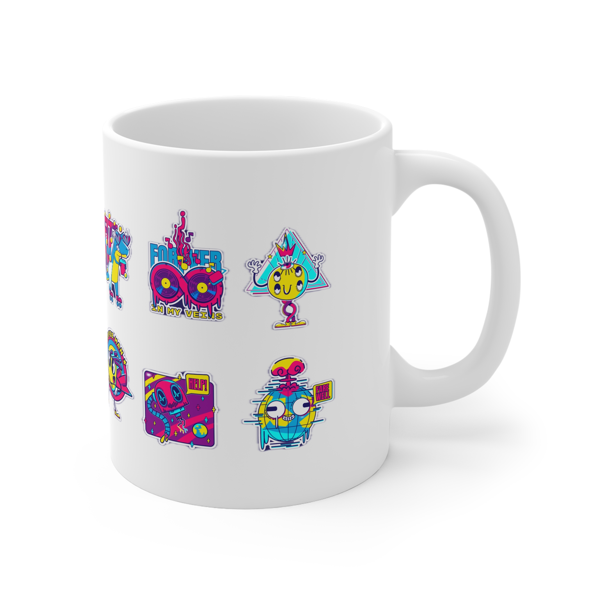 Psychedelic Retro Rave Stickers With Funny Patches 11oz White Mug - Image 3