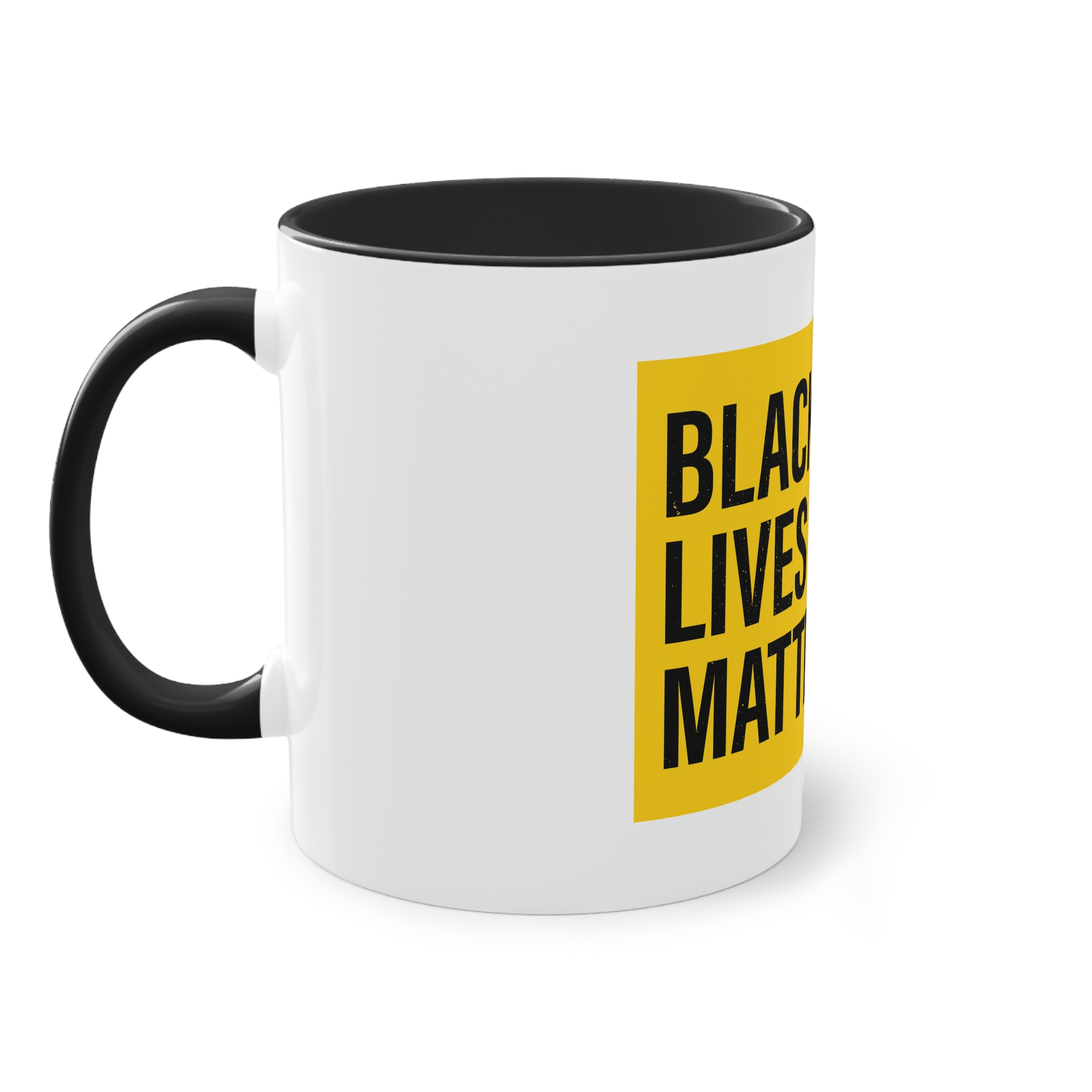 Black Lives Matter Movement Clenched Fist Text Yellow Background Slogan Protests Usa (1) Two Tone Coffee Mug 11oz - Image 11
