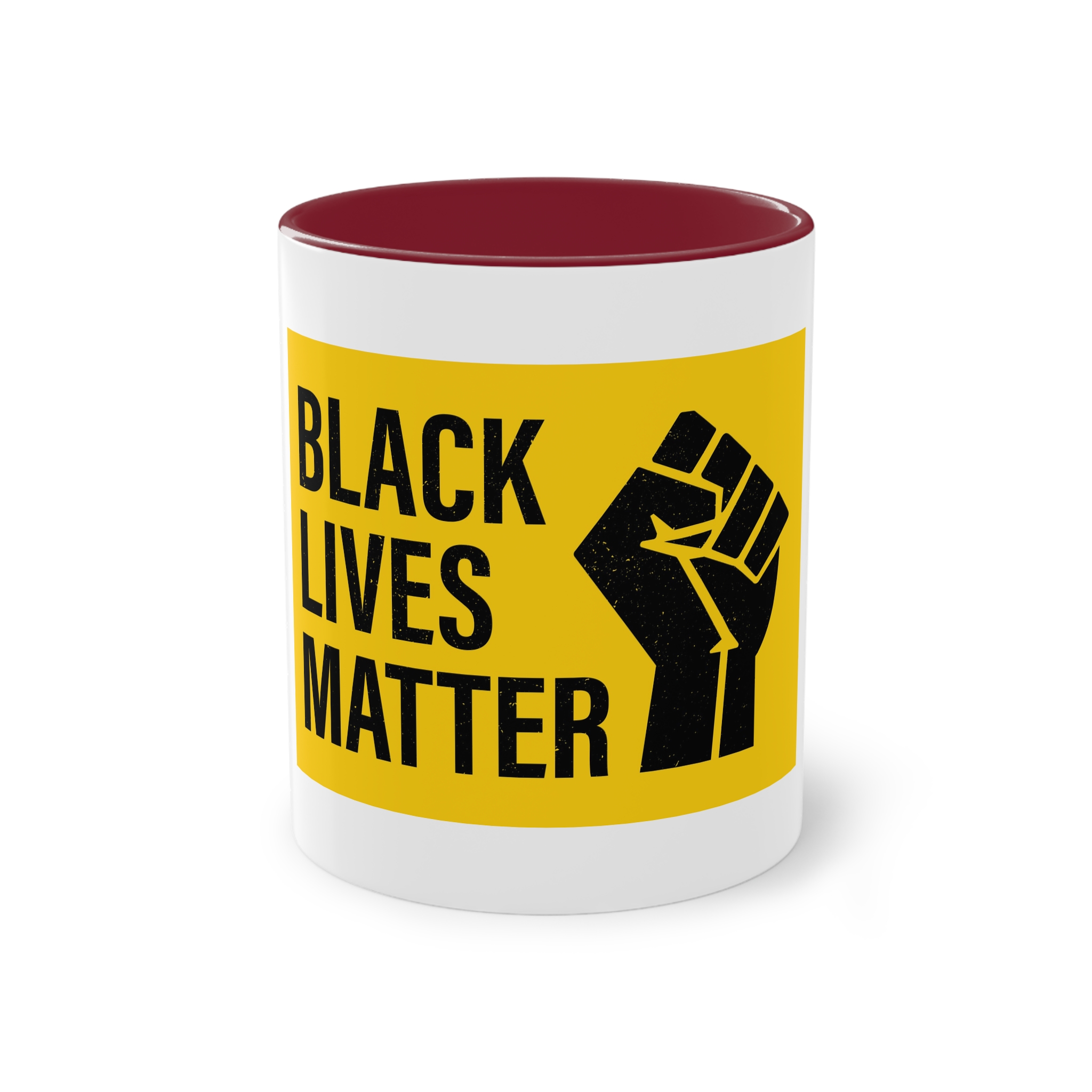 Black Lives Matter Movement Clenched Fist Text Yellow Background Slogan Protests Usa (1) Two Tone Coffee Mug 11oz - Image 5