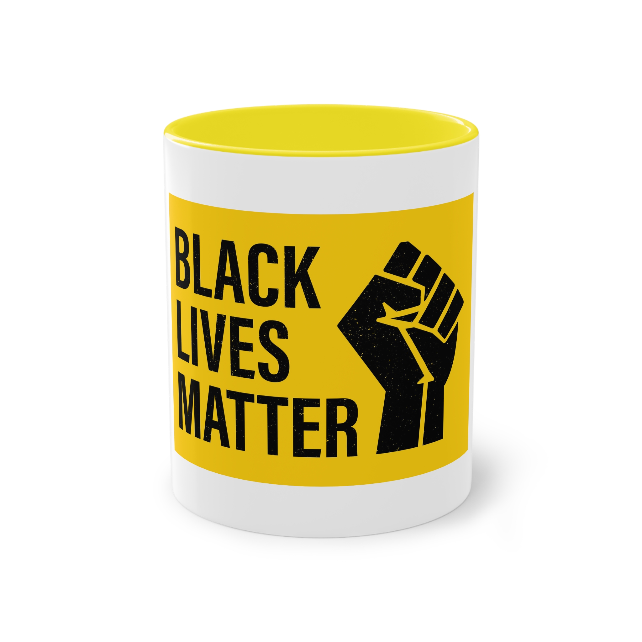 Black Lives Matter Movement Clenched Fist Text Yellow Background Slogan Protests Usa (1) Two Tone Coffee Mug 11oz - Image 21
