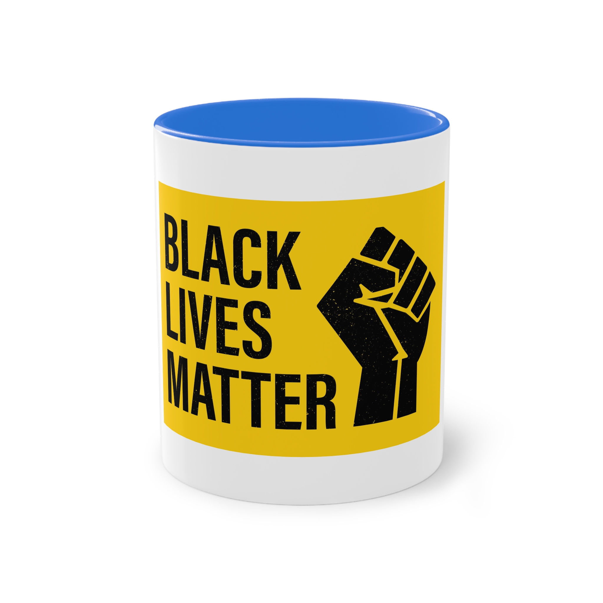 Black Lives Matter Movement Clenched Fist Text Yellow Background Slogan Protests Usa (1) Two Tone Coffee Mug 11oz - Image 37