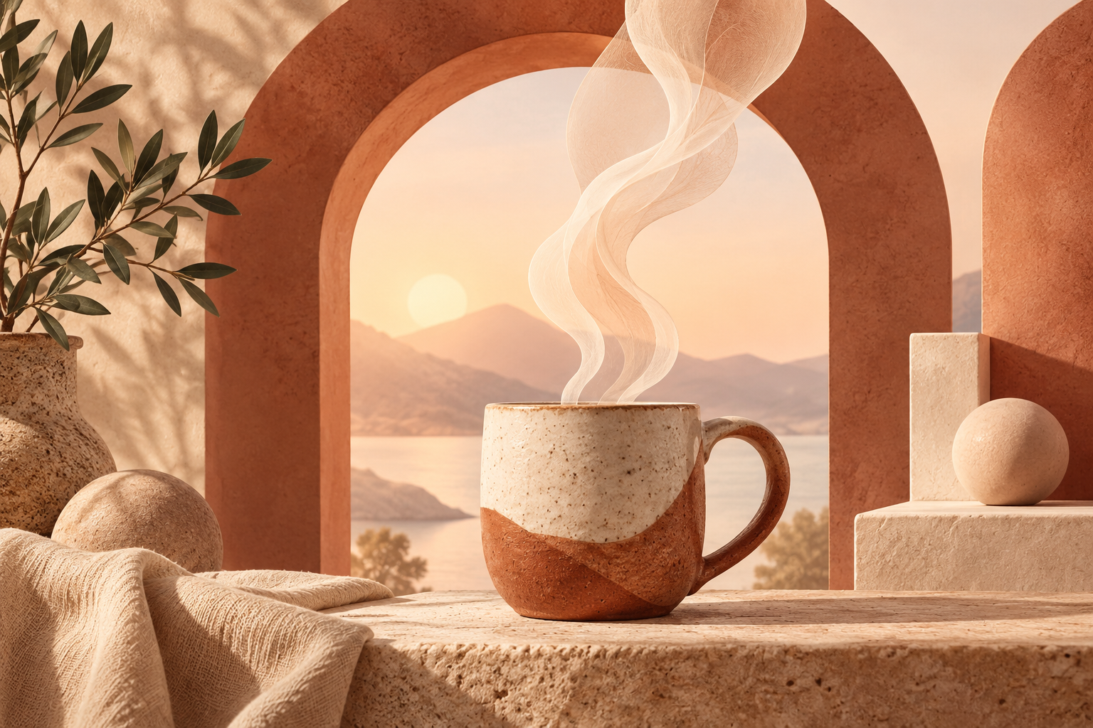 abstract ceramic arch and rising sculptural steam, warm cinnamon cream and peach, soft morning light, conceptual not product mockup